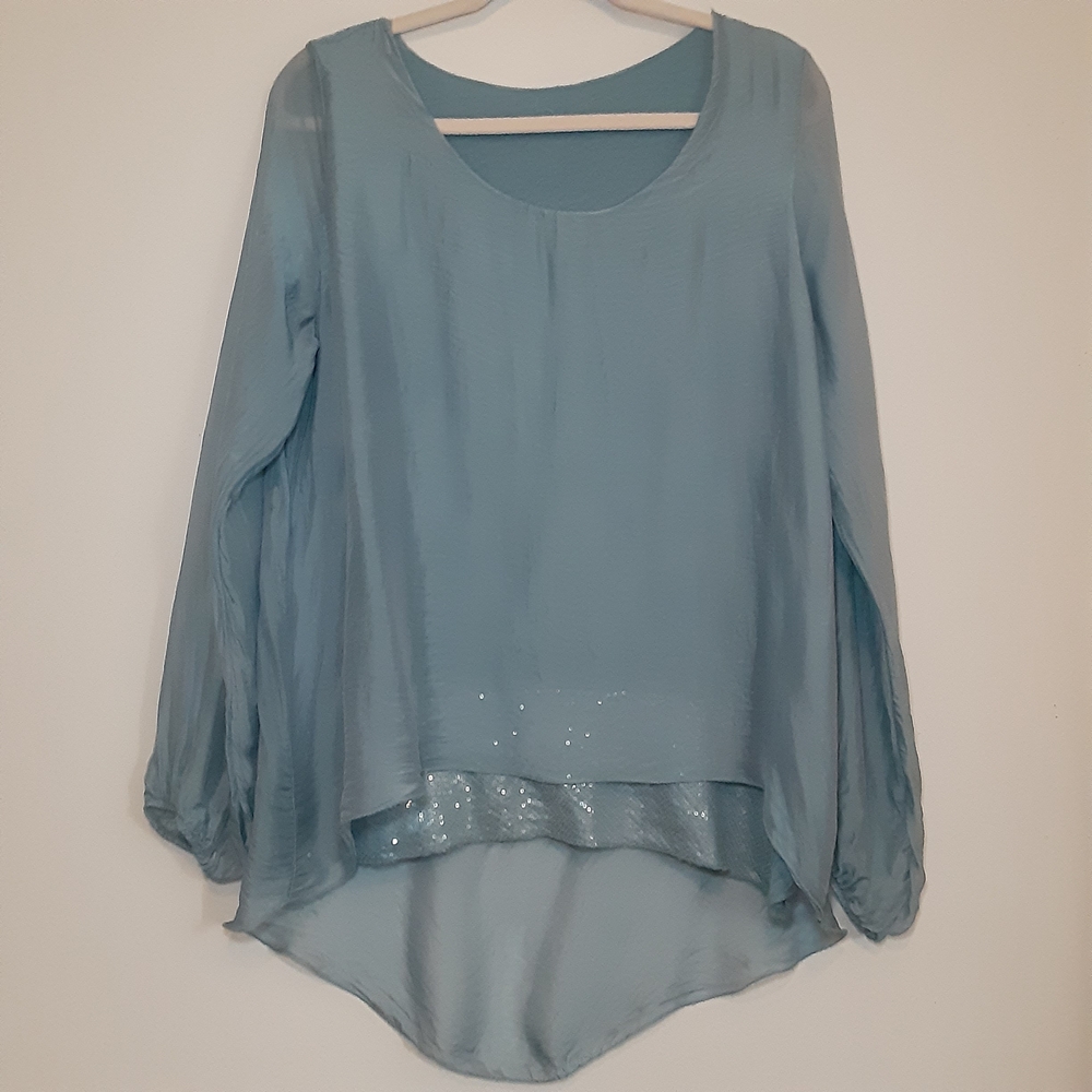 Asymmetrical Blue Blouse with Balloon Sleeves